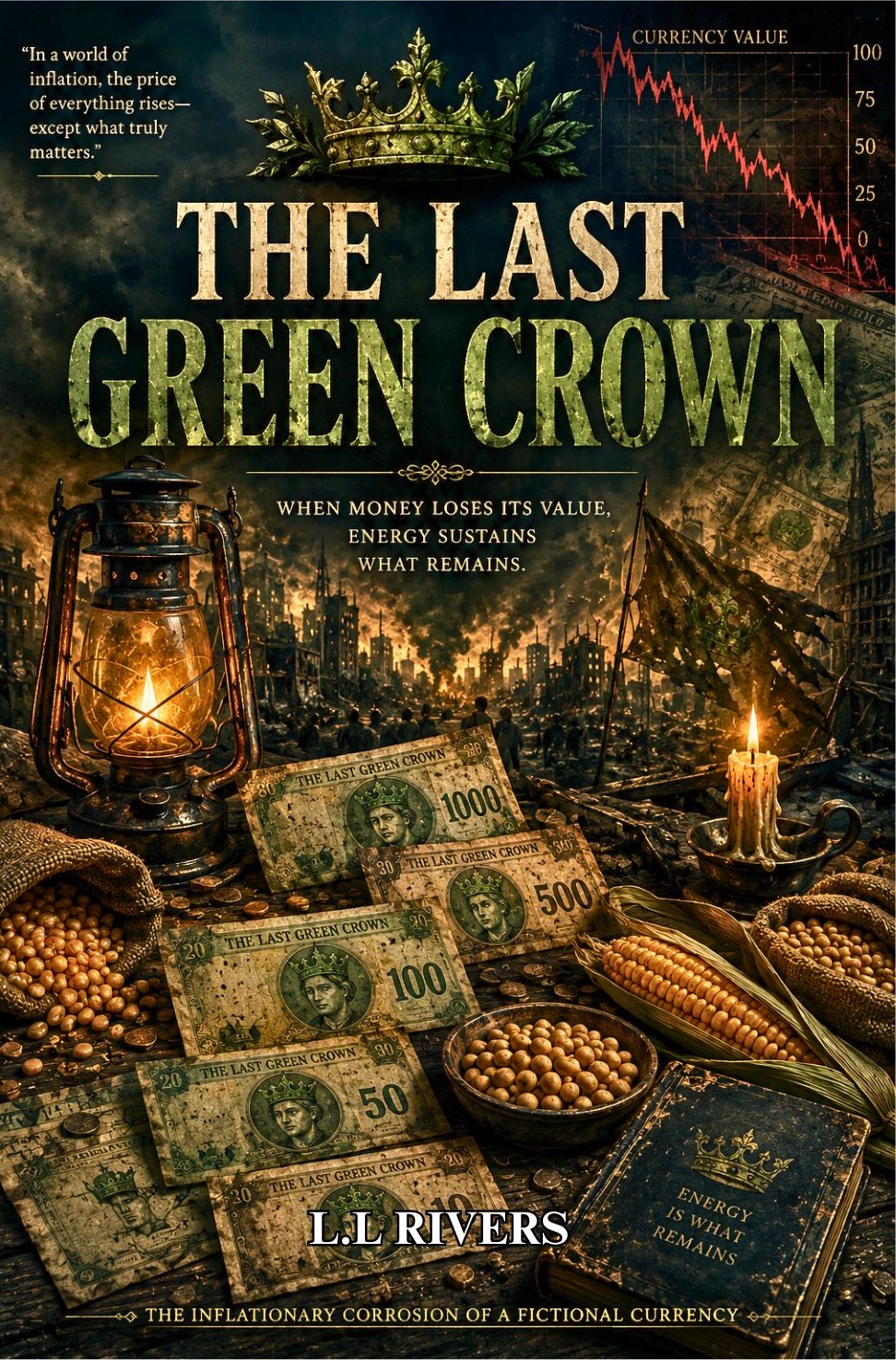 Cover of The Last Green Crown by L. L. Rivers: a lantern and sacks of grain resting on piles of worthless banknotes, a burning city behind, a gold crown above